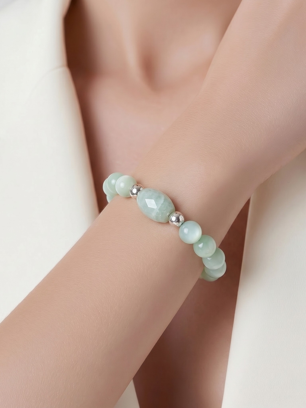 Elegant Mint Green Moonstone/Jade Beaded Stretch Bracelet W/SS Accent Beads